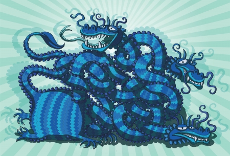 Chinese Dragon Maze Game for children in blue colors  Task  which head has open mouth  Solution  bottom neck のイラスト素材