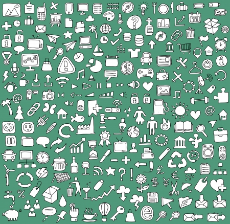 Big doodled web and mobile icons collection in black and white. Small hand-drawn illustrations are isolated (group)のイラスト素材