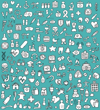 Big doodled medicine and health icons collection in black and white. Small hand-drawn illustrations are isolated (group)のイラスト素材