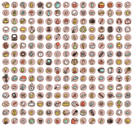 Collection of 225 doodled icons (vignette) for every ocasion with shadows, on background, in colours. Individual illustrations are isolatedのイラスト素材