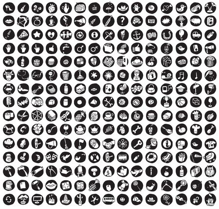 Collection of 225 doodled icons (vignette) for every occasion on black background, in black-and-white. Individual illustrations are isolatedのイラスト素材