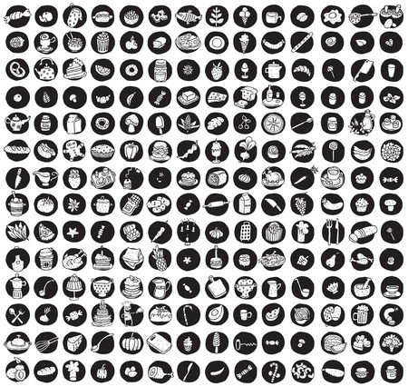 Collection of 196 food and kitchen doodled icons (vignette) on black background, in black-and-white. Individual illustrations are isolatedのイラスト素材