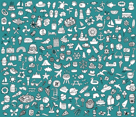 Big doodled summer and holidays icons collection  Small hand-drawn illustrations  vignette  are isolated  groupのイラスト素材