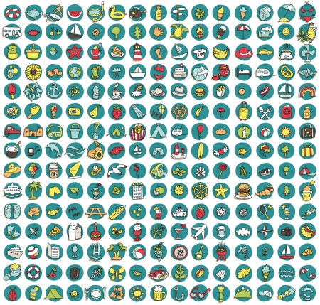 Collection of 225 summer and holiday doodled icons  vignette  with shadows, on background, in colours  Individual illustrations are isolatedのイラスト素材