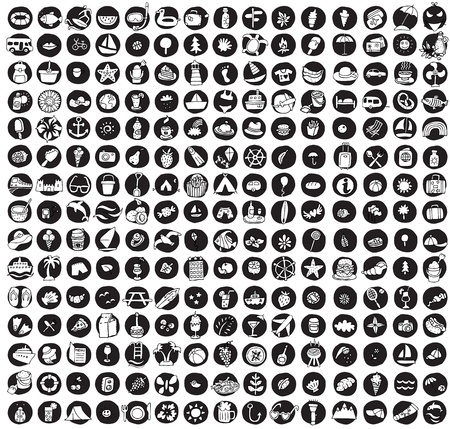 Collection of 225 summer and holiday doodled icons  vignette  on black background, in black-and-white  Individual illustrations are isolatedのイラスト素材