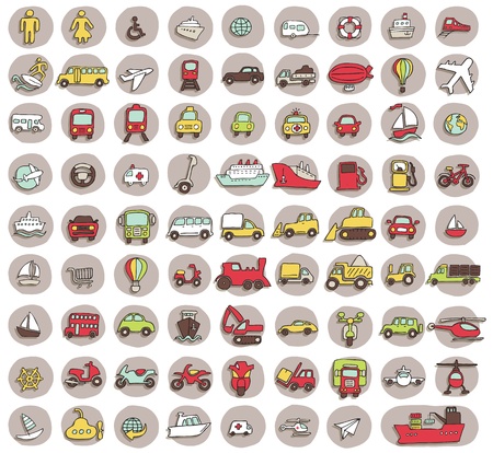 Collection of 80 transportation doodled icons  vignette  with shadows, on background, in colours  Individual illustrations are isolated のイラスト素材