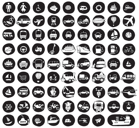 Collection of 80 transportation doodled icons  vignette  on black background, in black-and-white  Individual illustrations are isolated のイラスト素材