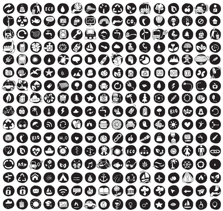 Collection of 256 ecology doodled icons (vignette) on black background, in black-and-white. Individual illustrations are isolatedのイラスト素材