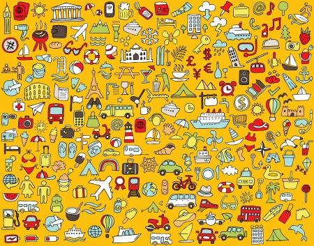 Big doodled travel and tourism icons collection in colours. Small hand-drawn illustrations are isolated のイラスト素材