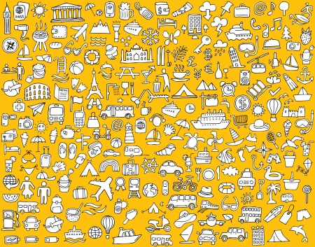 Big doodled travel and tourism icons collection in black-and-white. Small hand-drawn illustrations are isolated のイラスト素材