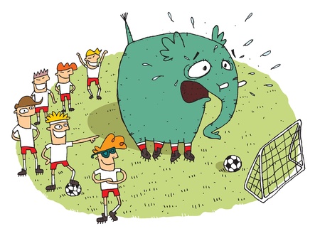 Group of youngsters making fun of an elephant on a soccer field. Illustration is in eps8 vector mode.のイラスト素材