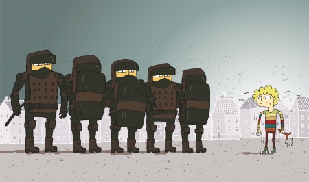 Little boy facing police enforcement. Illustration is in eps10 vector mode.のイラスト素材