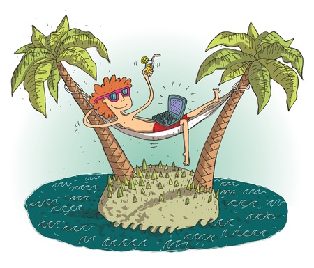 Global village cartoon with satisfied teenager on deserted island. Illustration is in eps10 vector mode.のイラスト素材
