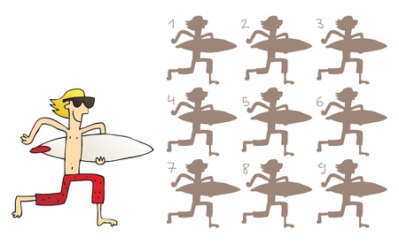 Surfer Shadows Visual Game. Task: find the right shadow image! Answer: No. 8. Illustration is in eps8 vector mode!のイラスト素材