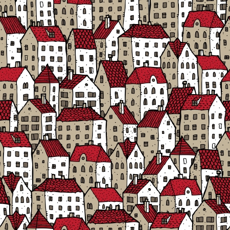 City seamless pattern in colours is repetitive texture with hand drawn houses. Illustration is in eps8 vector mode.のイラスト素材