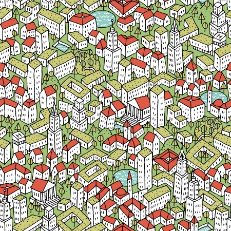Modern Eco City seamless pattern is repetitive texture with hand drawn houses. Illustration is in eps8 vector mode.のイラスト素材