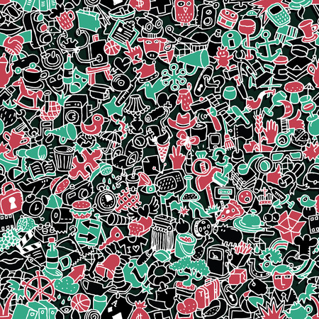 Icons seamless pattern (repeated) with mini doodle drawings (icons). のイラスト素材