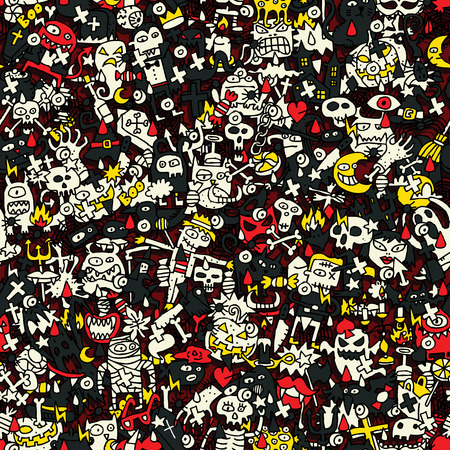 Halloween seamless pattern (repeated) with mini doodle drawings (icons). Illustration is in eps8 vector mode.のイラスト素材