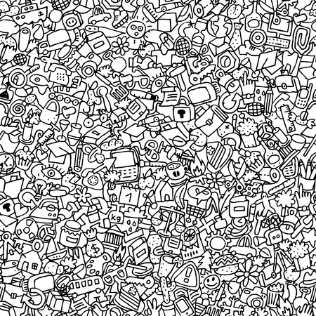Icons seamless pattern in black and white (repeated) with mini doodle drawings (icons). のイラスト素材