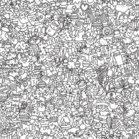 Christmas seamless pattern in black and white (repeated) with mini doodle drawings (icons). のイラスト素材