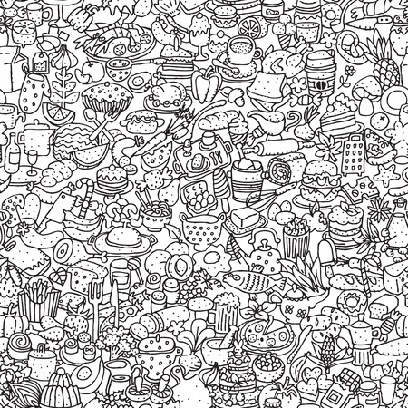Food seamless pattern in black and white (repeated) with mini doodle drawings (icons). のイラスト素材