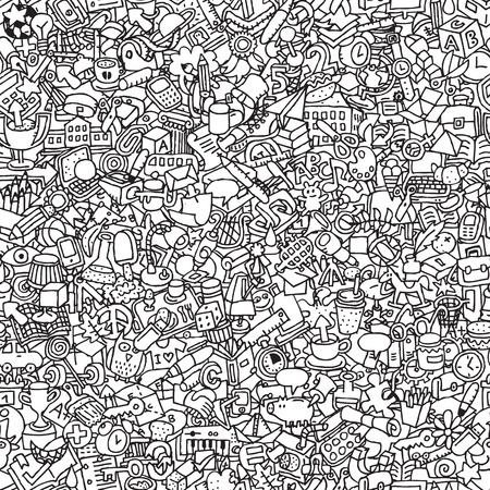 School seamless pattern in black and white (repeated) with mini doodle drawings (icons). のイラスト素材