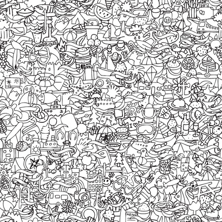 Holidays seamless pattern in black and white (repeated) with mini doodle drawings (icons). のイラスト素材