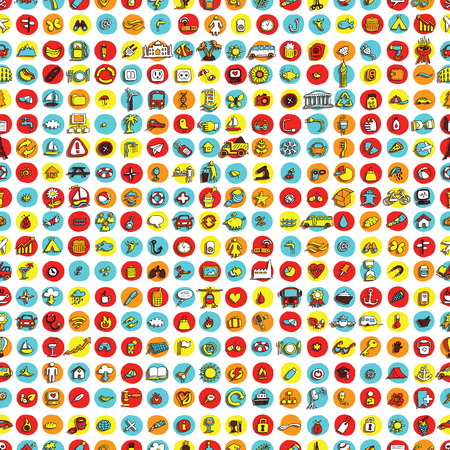Icons and circles seamless pattern (repeated) with mini doodle drawings (icons). Illustration is in vector mode.のイラスト素材