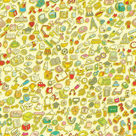School seamless pattern (repeated) with mini doodle drawings (icons). Illustration is in vector mode.のイラスト素材