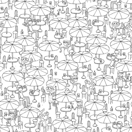 Beach bar seamless pattern with doodled youngsters having fun in black and white. Illustration is in vector mode, background on separate layer. のイラスト素材