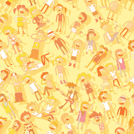 Singing children seamless pattern with doodled youngsters. Illustration is in  vector mode, background on separate layer. のイラスト素材