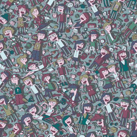 Singing children seamless pattern with doodled youngsters and school objects. Illustration is in vector mode, background on separate layer. のイラスト素材
