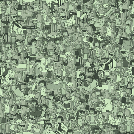Dance party seamless pattern with doodled youngsters having fun. Illustration is in vector mode, background on separate layer. のイラスト素材