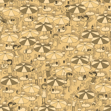 Beach bar seamless pattern with doodled youngsters having fun. Illustration is in vector mode, background on separate layer. のイラスト素材