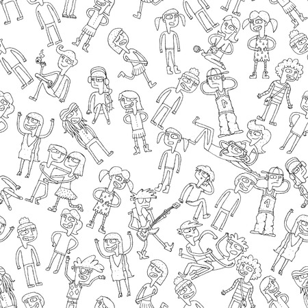 Singing children seamless pattern with doodled youngsters in black and white. Illustration is in vector mode, background on separate layer. のイラスト素材