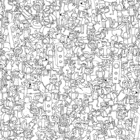 Dance party seamless pattern with doodled youngsters having fun in black and white. Illustration is in vector mode, background on separate layer. のイラスト素材