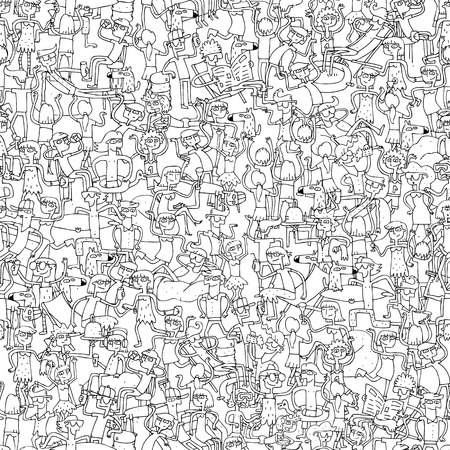 Dance party seamless pattern with doodled youngsters having fun in black and white. Illustration is in vector mode, background on separate layer. のイラスト素材
