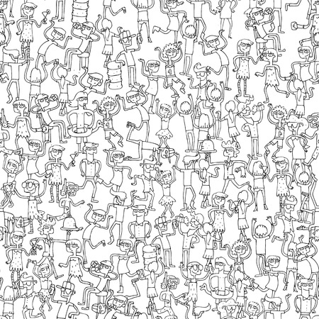 Dancing party seamless pattern with doodled youngsters having fun in black and white. Illustration is in vector mode, background on separate layer. のイラスト素材