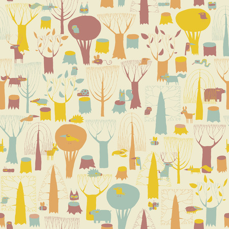 Woodland Animals seamless pattern in  four colors is hand drawn grunge illustration of forest animals. Illustration is in eps8 vector mode, background on separate layer. のイラスト素材