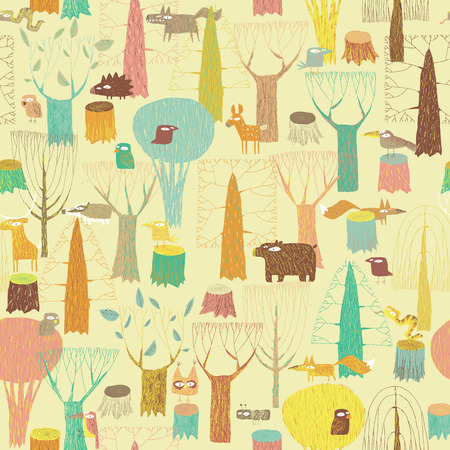Grunge Woodland Animals seamless pattern in colors is hand drawn grunge illustration of forest animals. Illustration is in eps8 vector mode, background on separate layer. のイラスト素材