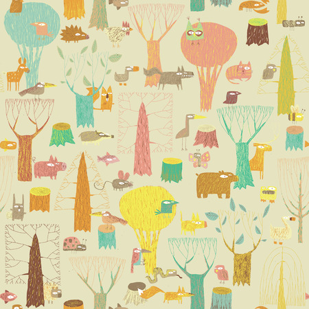Grunge Woodland Animals seamless pattern in colors is hand drawn grunge illustration of forest animals. Illustration is in eps8 vector mode, background on separate layer. のイラスト素材