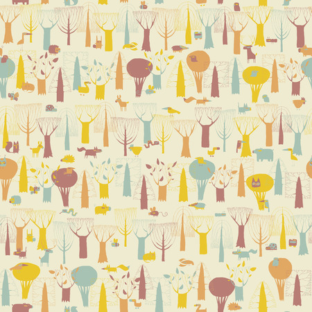 Woodland Animals seamless pattern in four colors is hand drawn grunge illustration of forest animals. Illustration is in eps8 vector mode, background on separate layer. のイラスト素材