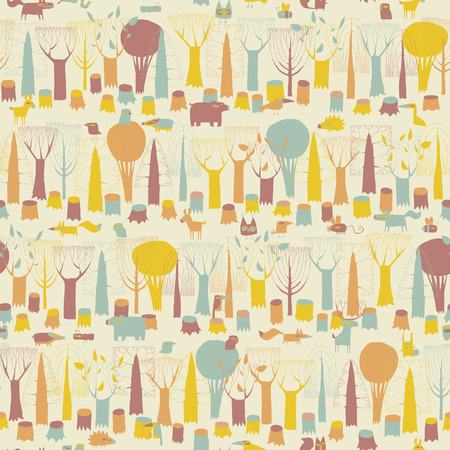 Woodland Animals seamless pattern in  four colors is hand drawn grunge illustration of forest animals. Illustration is in eps8 vector mode, background on separate layer. のイラスト素材