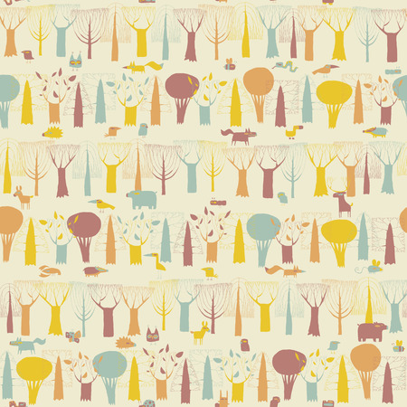 Woodland Animals seamless pattern in  four colors is hand drawn grunge illustration of forest animals. Illustration is in eps8 vector mode, background on separate layer. のイラスト素材