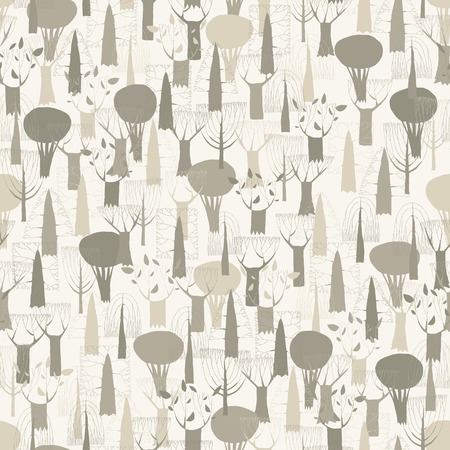 Trees seamless pattern tapestry in grey is hand drawn grunge illustration of woodland. Illustration...