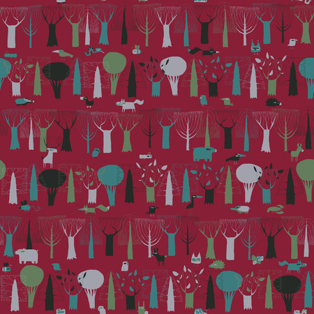 Wood Animals tapestry seamless pattern in dark colors is hand drawn grunge illustration of forest animals. Illustration is in eps8 vector mode, background on separate layer. のイラスト素材