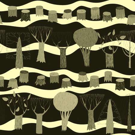 Trees seamless pattern tapestry in grey is hand drawn grunge illustration of woodland. Illustration is in eps8 vector mode, background on separate layer. のイラスト素材
