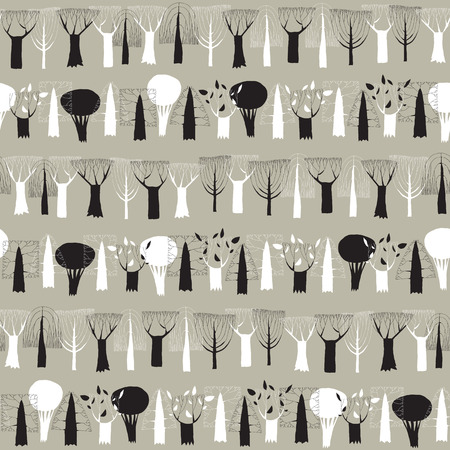 Trees seamless row pattern tapestry in black and white is hand drawn grunge illustration of woodland. Illustration is in eps8 vector mode, background on separate layer. のイラスト素材