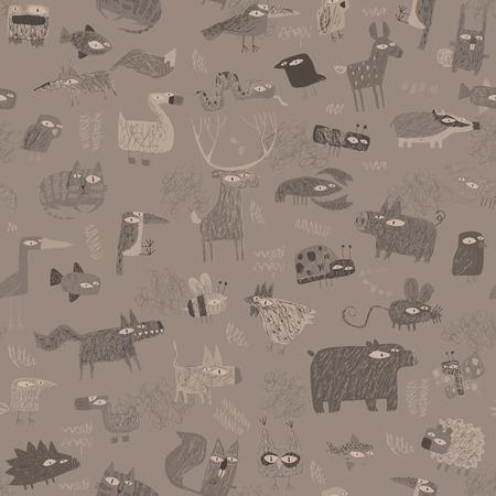 Animals tapestry seamless pattern in grey is hand drawn grunge illustration of animals. Illustration is in eps8 vector mode, background on separate layer. のイラスト素材