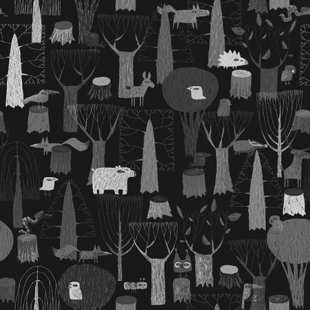 Wood Animals tapestry seamless pattern in grey is hand drawn grunge illustration of forest animals. Illustration is in eps8 vector mode, background on separate layer. のイラスト素材